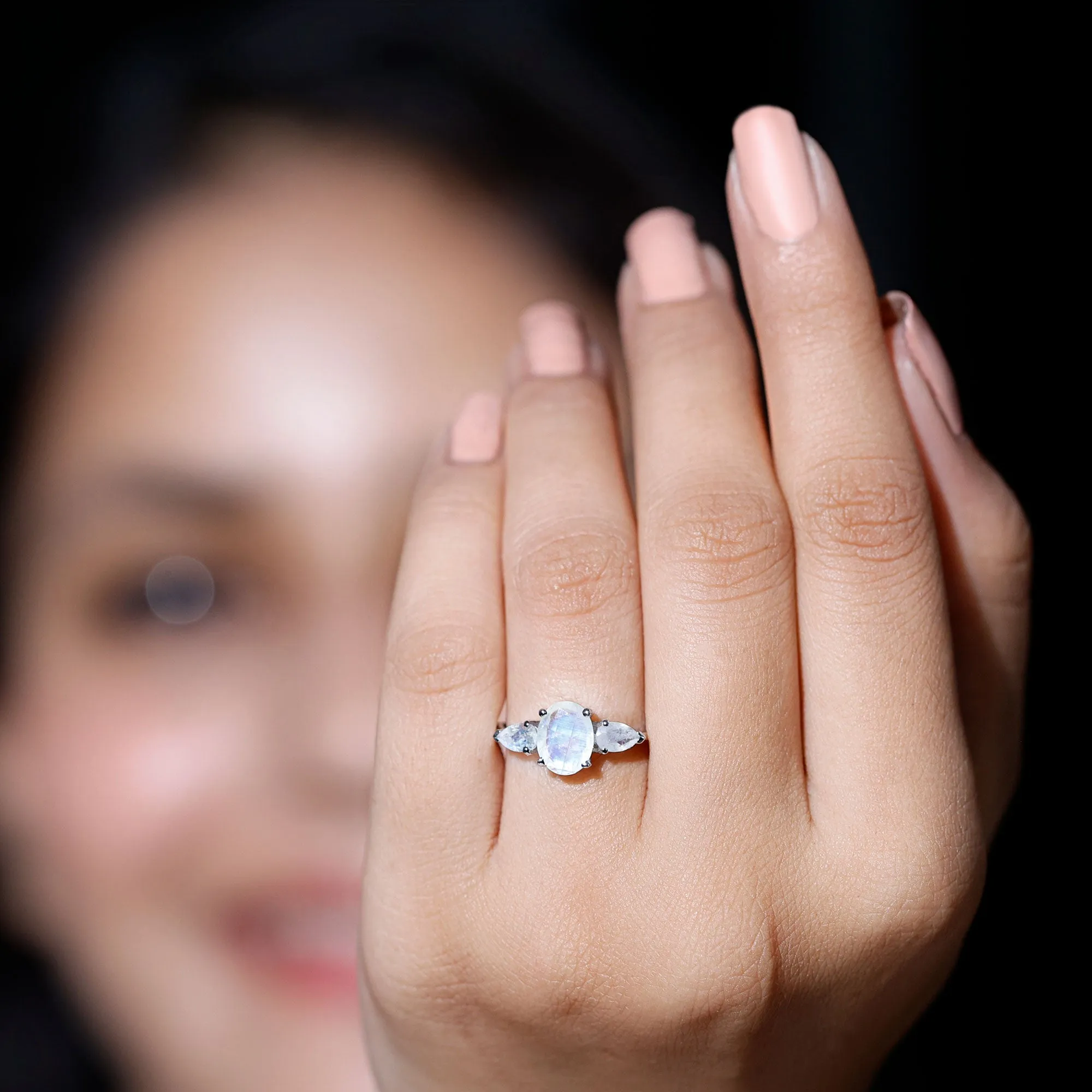 1 CT Three Stone Moonstone Ring in Prong Setting