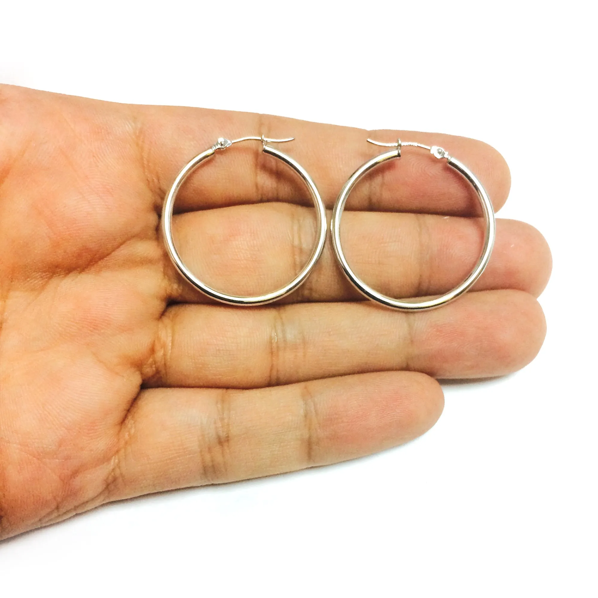 10k White Gold 2mm Shiny Round Tube Hoop Earrings