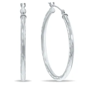 10K White Gold Shiny Diamond Cut Engraved Hoop Earrings 30Mm