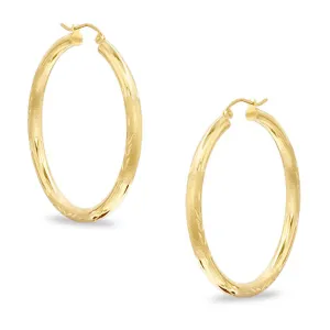 10k Yellow Gold Diamond Cut Design Round Shape Hoop Earrings, Diameter 15mm