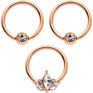 14 Gauge 0.51 inch Clear CZ Rose Gold Tone Crest BCR Captive Ring Set of 3