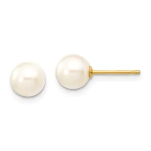 14k 6-7mm Round White Saltwater Akoya Cultured Pearl Stud Post Earrings