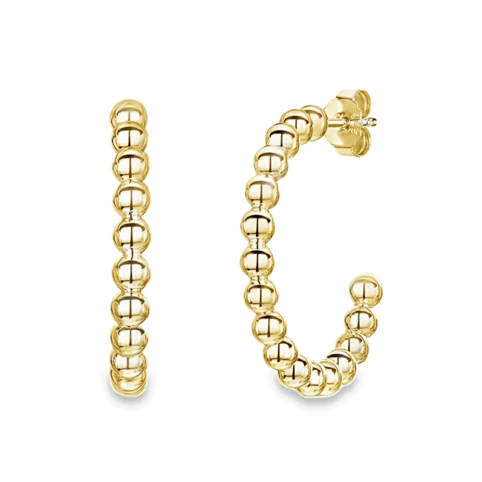 14K Gold Beaded Ball J-Hoop Earrings