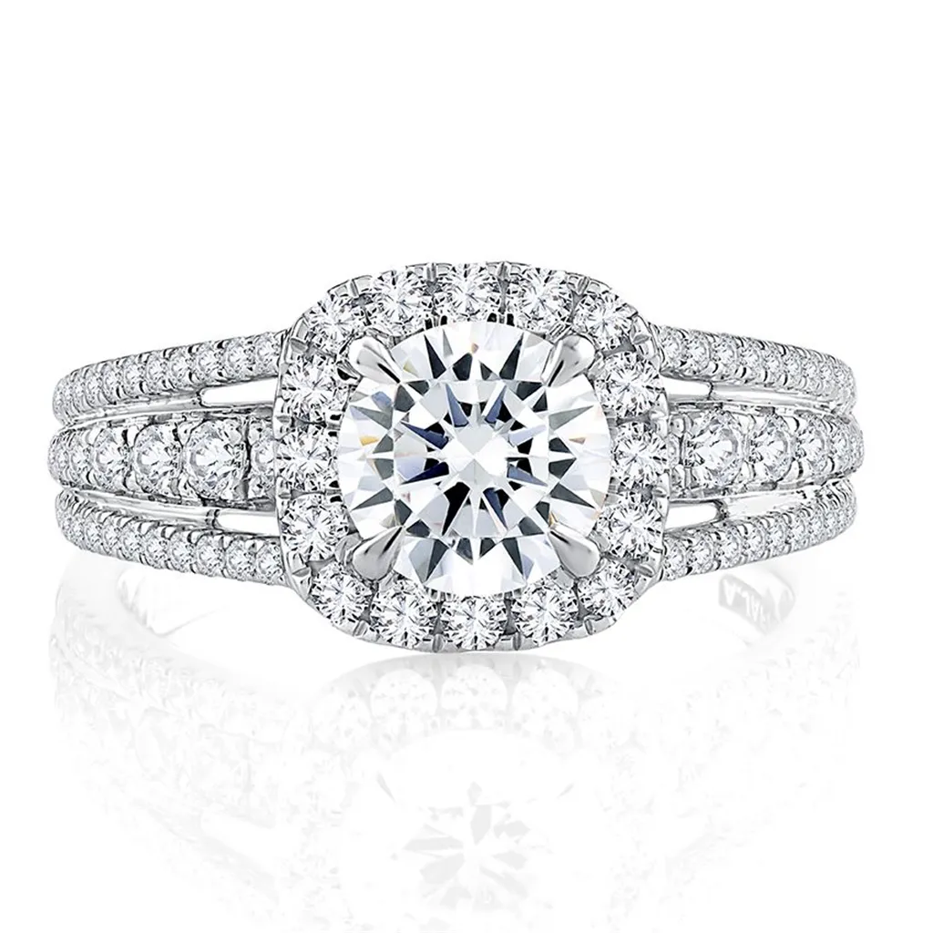 14K White Gold Triple Split Shank Halo Round Cut Diamond Engagement Ring