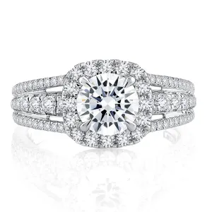 14K White Gold Triple Split Shank Halo Round Cut Diamond Engagement Ring