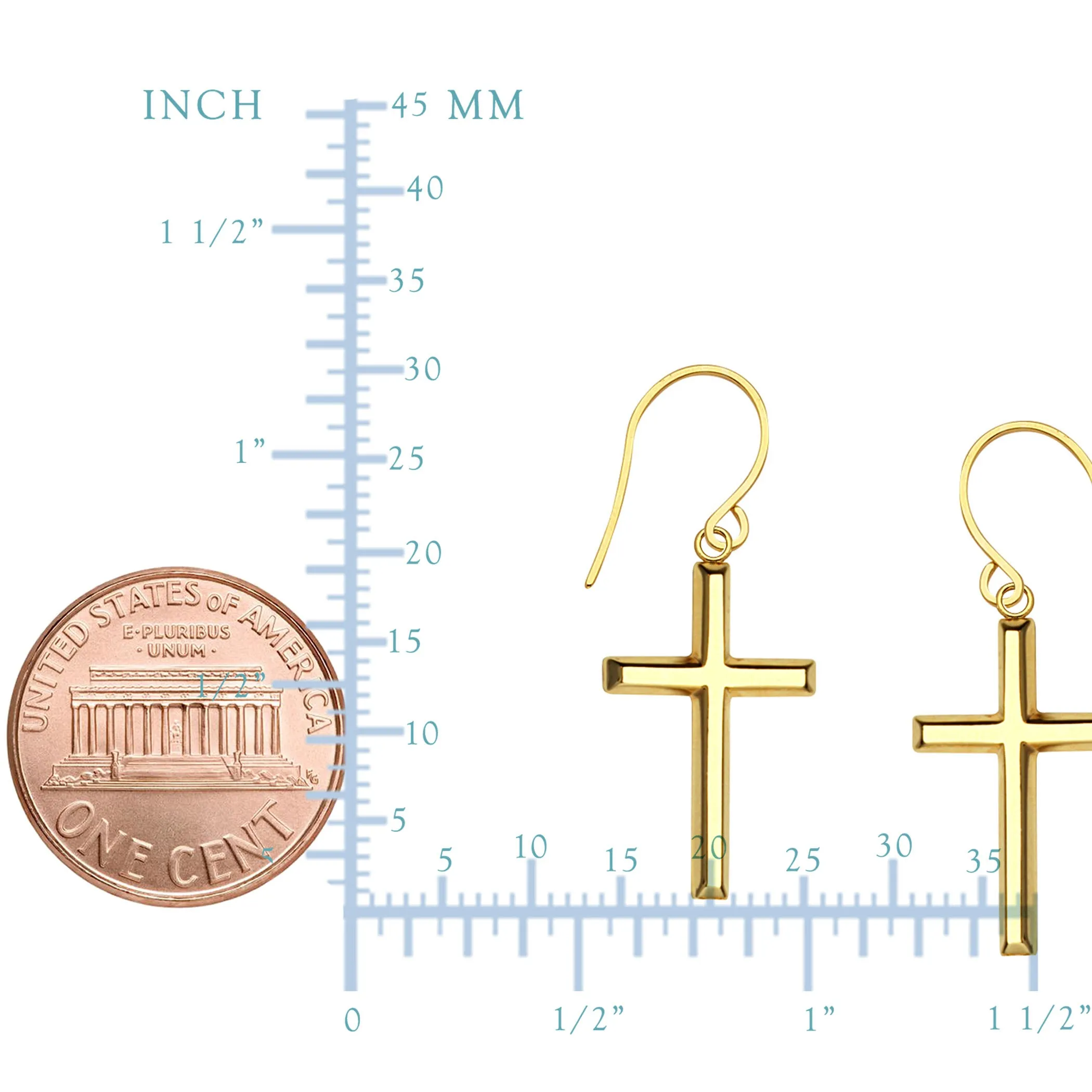 14K Yellow Gold Shiny Cross Drop Earrings