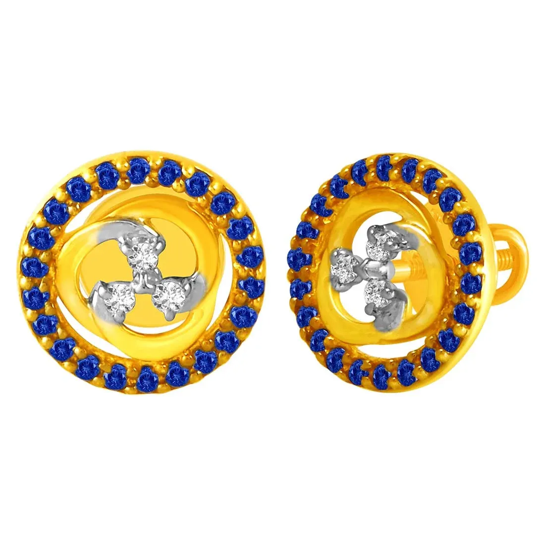 14KT (585) Yellow Gold & Diamond Studs Earrings with Blue Stone Borders