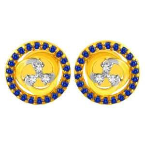 14KT (585) Yellow Gold & Diamond Studs Earrings with Blue Stone Borders