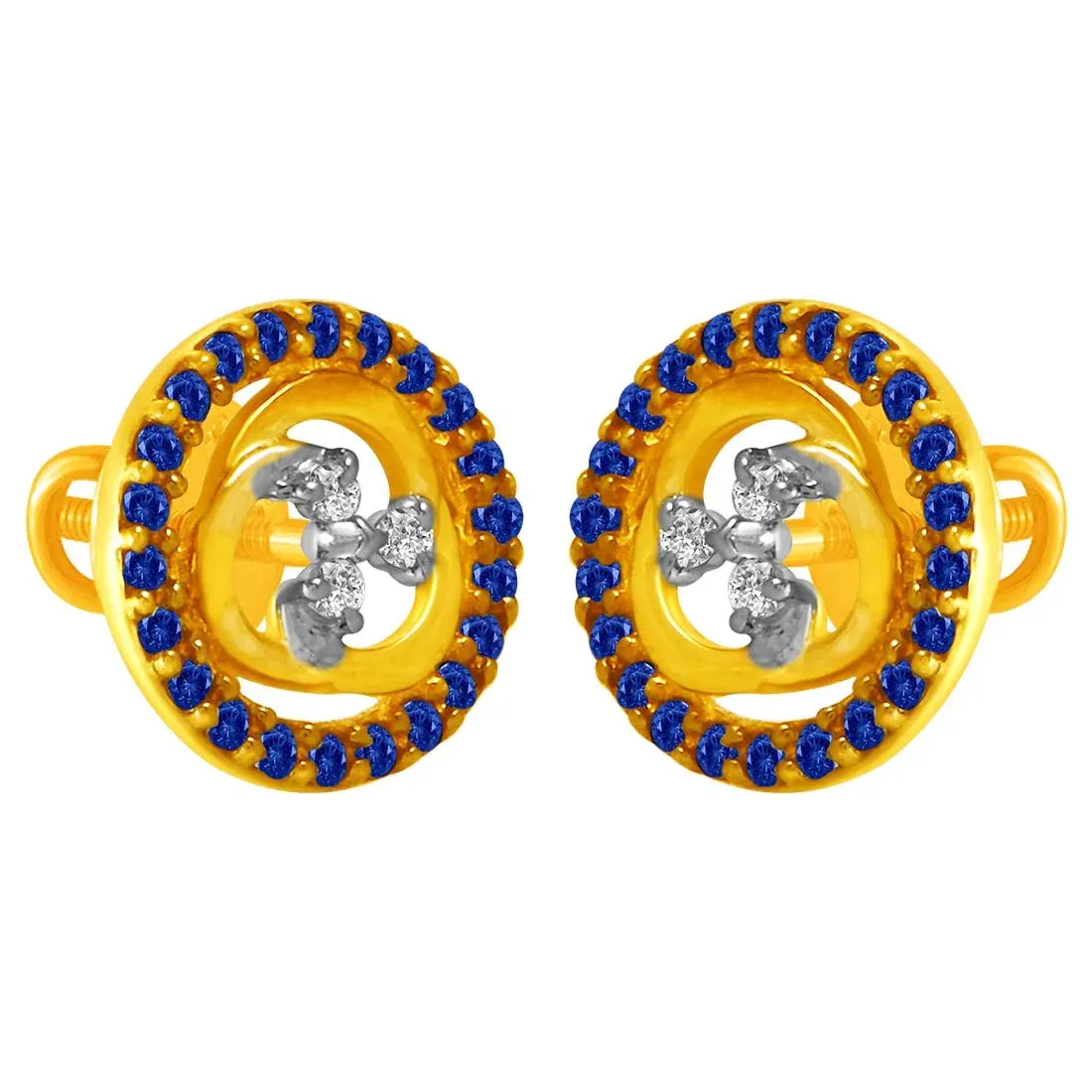 14KT (585) Yellow Gold & Diamond Studs Earrings with Blue Stone Borders