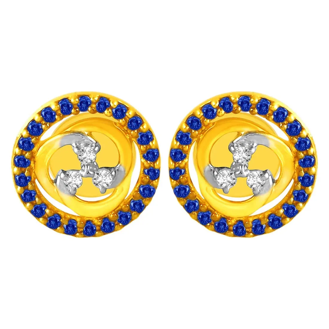 14KT (585) Yellow Gold & Diamond Studs Earrings with Blue Stone Borders