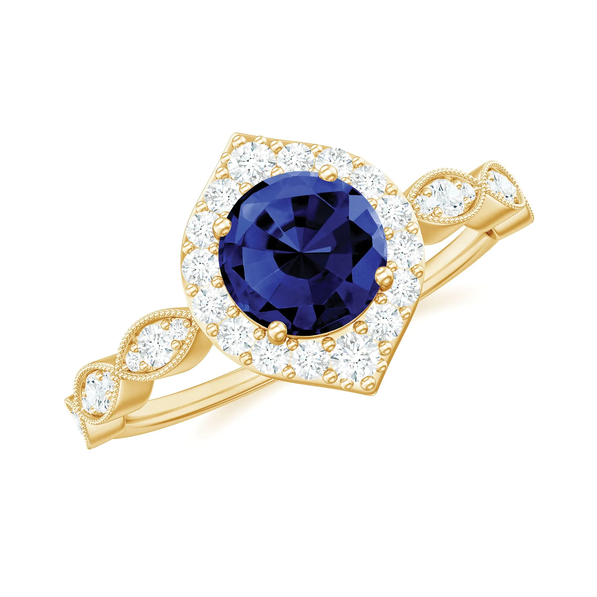 1.75 CT Vintage Created Blue Sapphire Engagement Ring with Diamond Accent