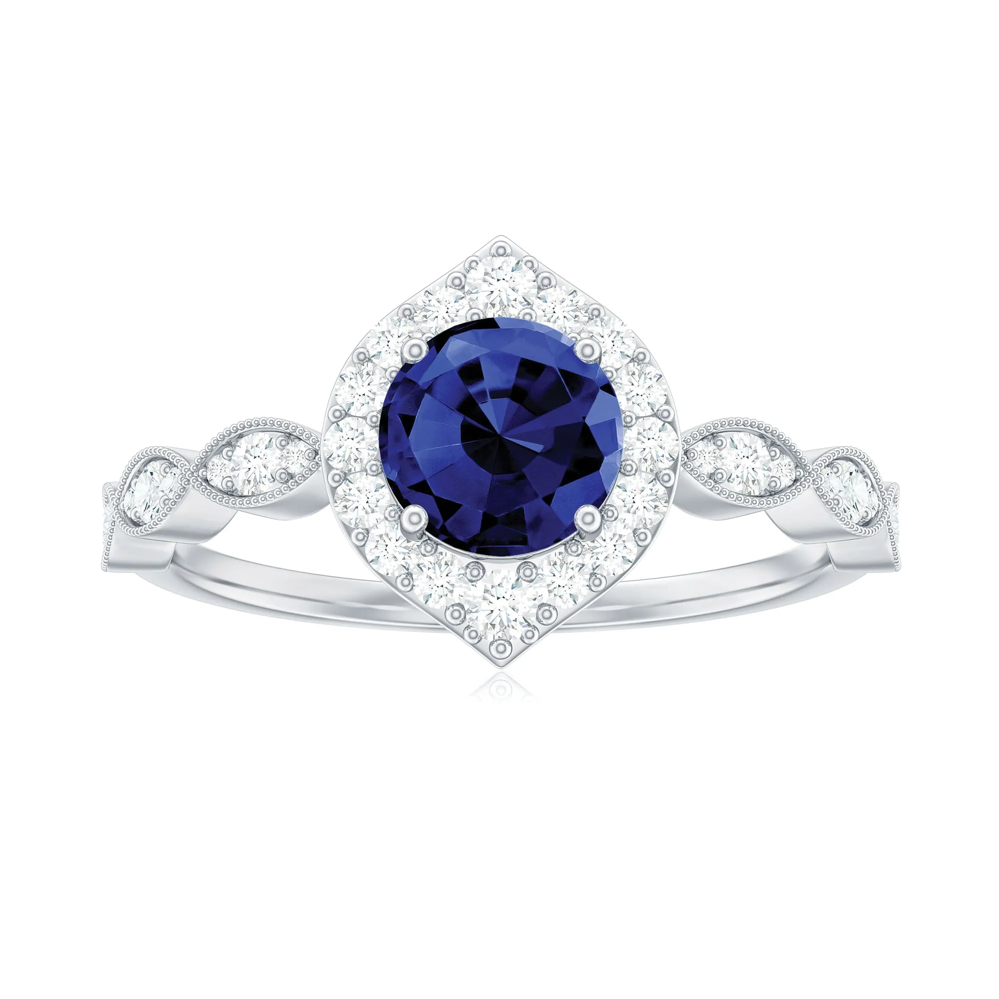 1.75 CT Vintage Created Blue Sapphire Engagement Ring with Diamond Accent