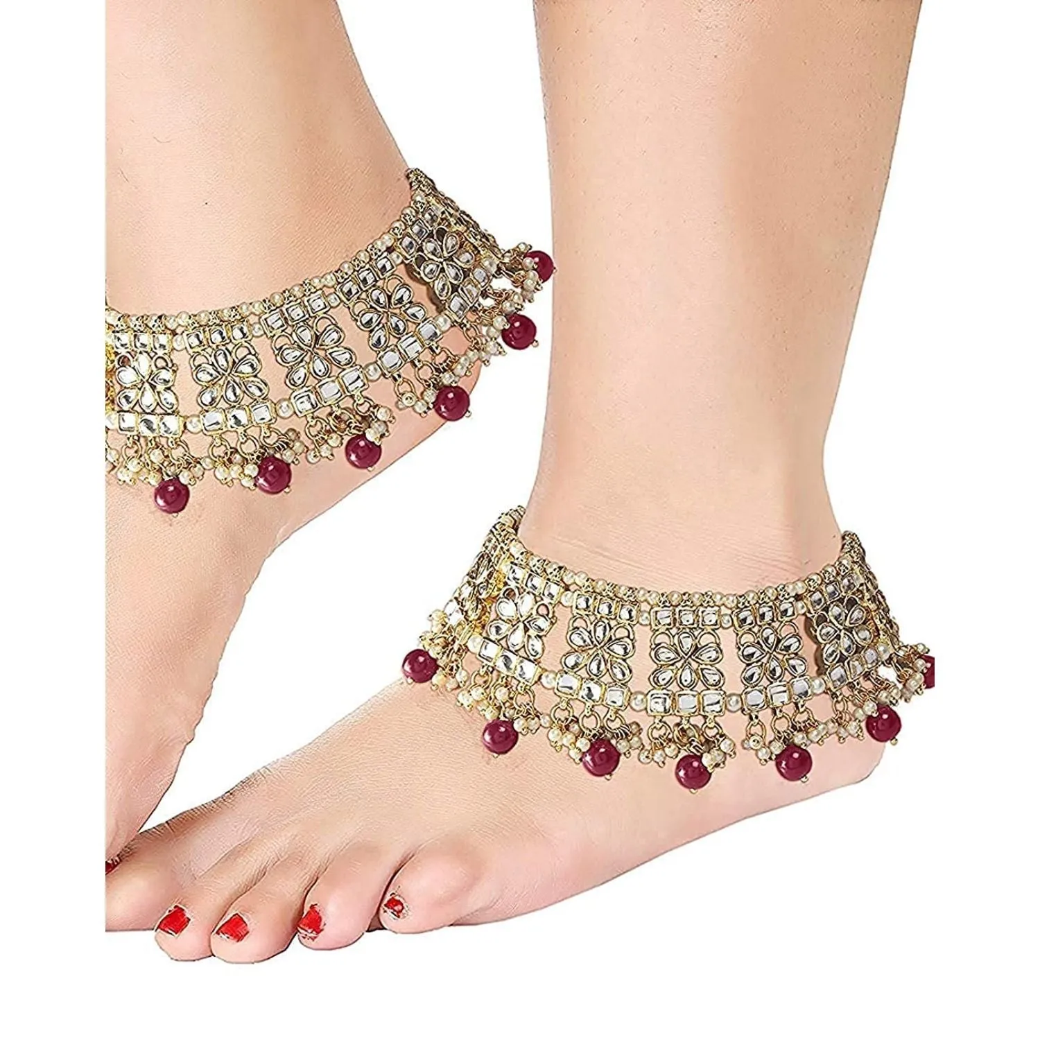 18k Gold Plated Bridal Kundan Pearl Anklets/Payal For Women