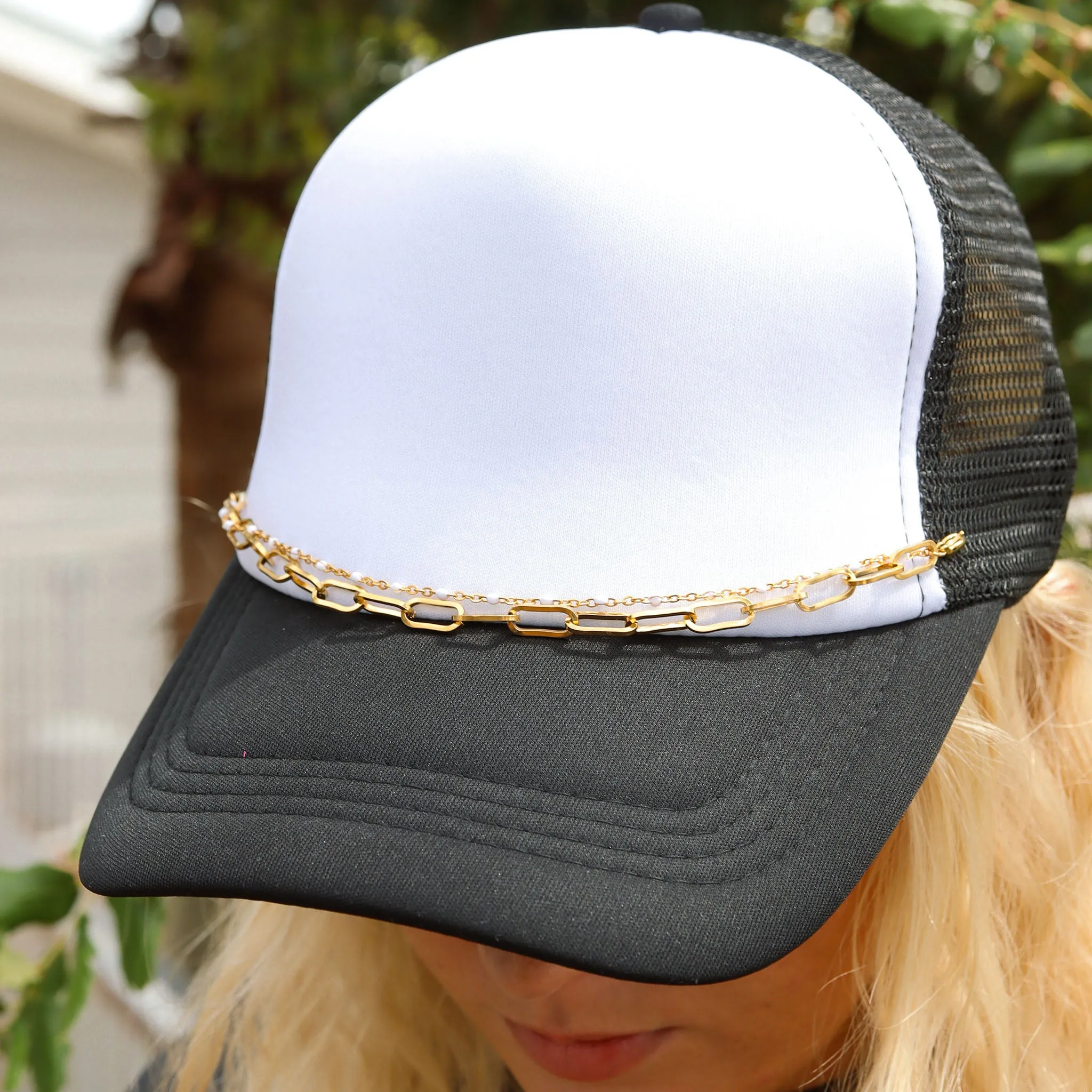 18K Gold PVD Stainless Steel Paperclip & Satellite Layered Trucker Hat Chain / CHN0032