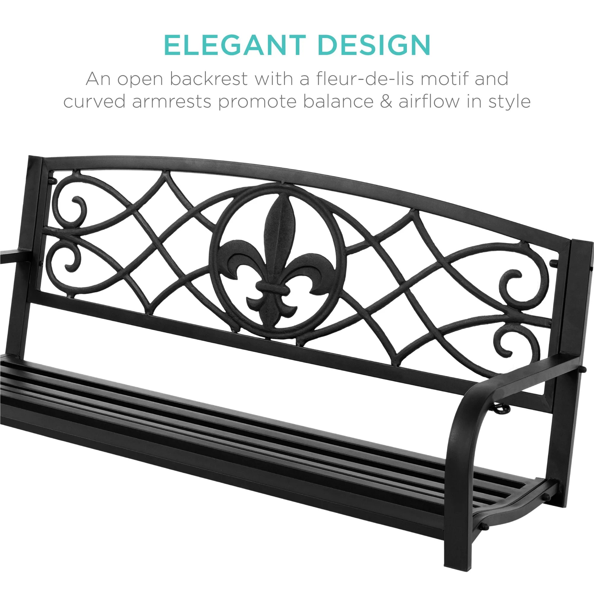 2-Person Outdoor Metal Hanging Swing Bench w/ Fleur-de-Lis Accents