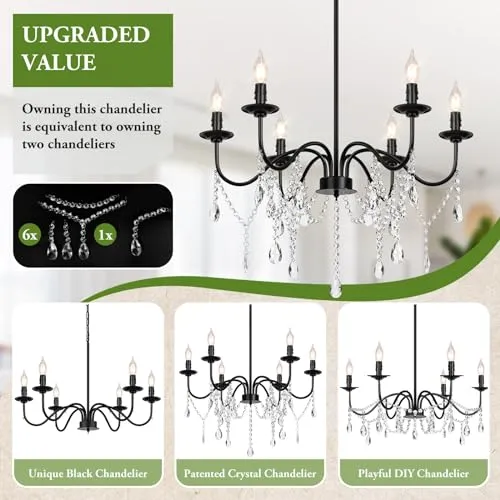 26" Black Chandelier, 6-Light Farmhouse Crystal Chandelier for Bedroom, Unique Patents Dining Room Light Fixture Over Table, Industrial Candle Hanging Pendant Light for Kitchen, Living Room, Entryway