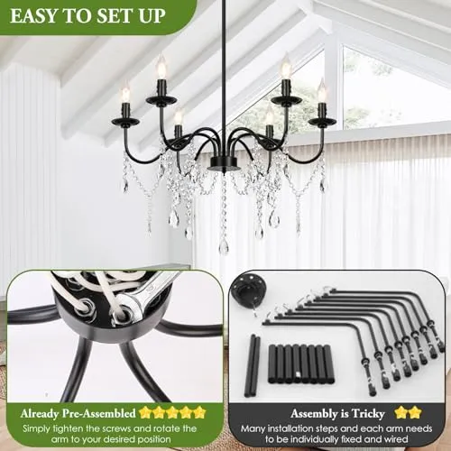 26" Black Chandelier, 6-Light Farmhouse Crystal Chandelier for Bedroom, Unique Patents Dining Room Light Fixture Over Table, Industrial Candle Hanging Pendant Light for Kitchen, Living Room, Entryway