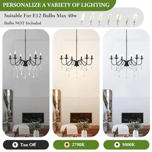 26" Black Chandelier, 6-Light Farmhouse Crystal Chandelier for Bedroom, Unique Patents Dining Room Light Fixture Over Table, Industrial Candle Hanging Pendant Light for Kitchen, Living Room, Entryway