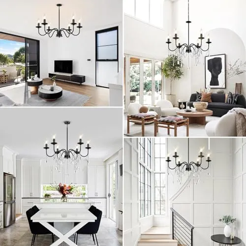 26" Black Chandelier, 6-Light Farmhouse Crystal Chandelier for Bedroom, Unique Patents Dining Room Light Fixture Over Table, Industrial Candle Hanging Pendant Light for Kitchen, Living Room, Entryway