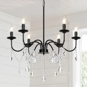 26" Black Chandelier, 6-Light Farmhouse Crystal Chandelier for Bedroom, Unique Patents Dining Room Light Fixture Over Table, Industrial Candle Hanging Pendant Light for Kitchen, Living Room, Entryway