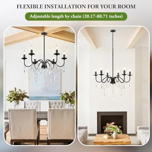 26" Black Chandelier, 6-Light Farmhouse Crystal Chandelier for Bedroom, Unique Patents Dining Room Light Fixture Over Table, Industrial Candle Hanging Pendant Light for Kitchen, Living Room, Entryway