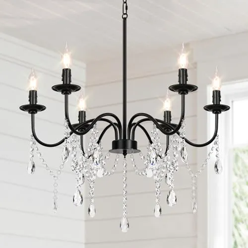 26" Black Chandelier, 6-Light Farmhouse Crystal Chandelier for Bedroom, Unique Patents Dining Room Light Fixture Over Table, Industrial Candle Hanging Pendant Light for Kitchen, Living Room, Entryway