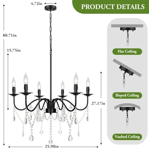 26" Black Chandelier, 6-Light Farmhouse Crystal Chandelier for Bedroom, Unique Patents Dining Room Light Fixture Over Table, Industrial Candle Hanging Pendant Light for Kitchen, Living Room, Entryway