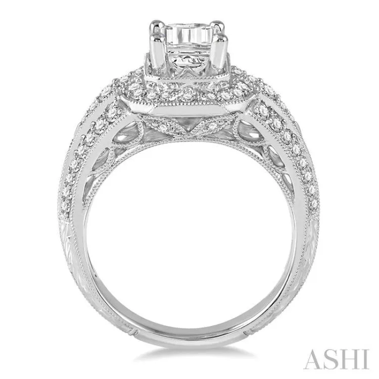 5/8 Ctw Round Diamond Octagon Halo Semi-Mount Engagement Ring with Vintage Detailing in 14K White Gold