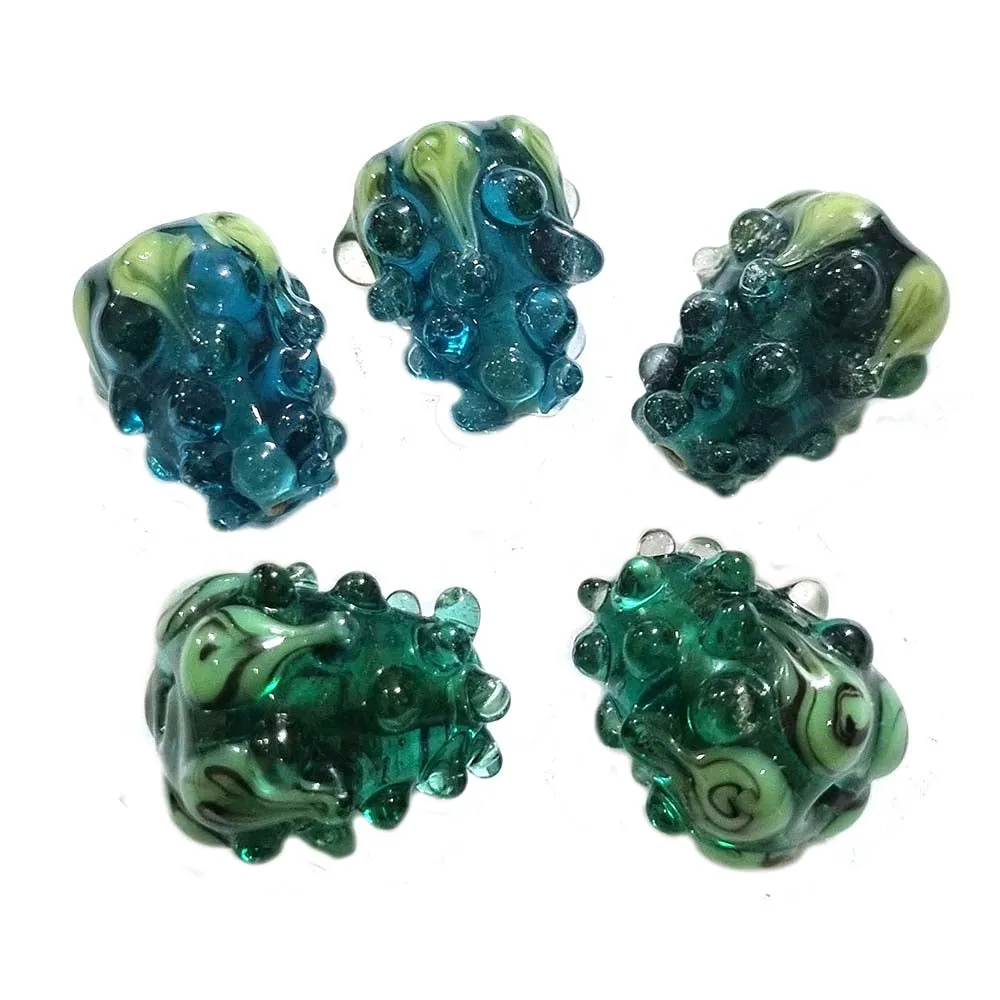 6 PCS PKG. Teal Green color, STRAWBERRY BEADS HANDMADE LAMPWORK GLASS BEADS