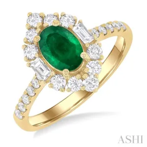 7X5MM Oval Cut Emerald & 5/8 ctw Baguette and Round Cut Diamond Halo Precious Ring in 14K Yellow Gold