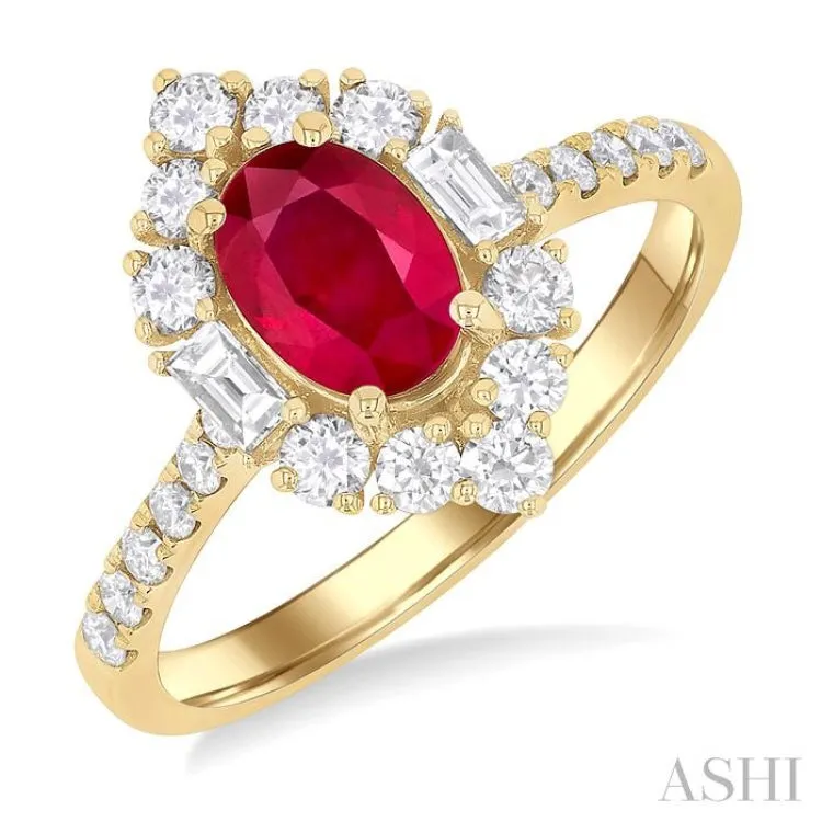 7X5MM Oval Cut Ruby & 5/8 ctw Baguette and Round Cut Diamond Halo Precious Ring in 14K Yellow Gold