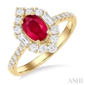 7X5MM Oval Cut Ruby & 5/8 ctw Baguette and Round Cut Diamond Halo Precious Ring in 14K Yellow Gold