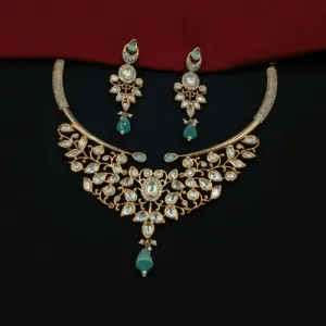 Ad Kundan Leaf Necklace Set With Pearl Drops