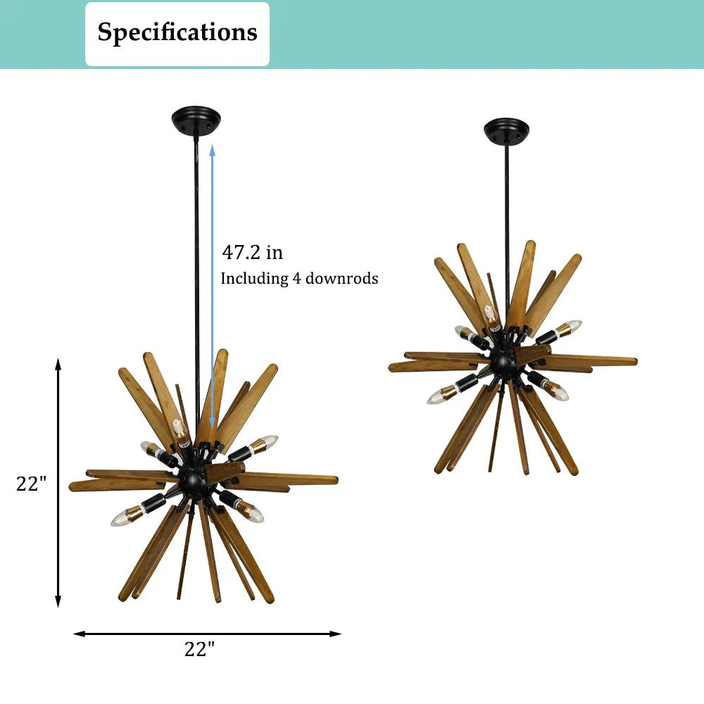 Aeyee Wood Sputnik Chandelier, Rustic 6 Lights Starburst Chandelier, Farmhouse Hanging Light Fixture for Living Room Dining Room