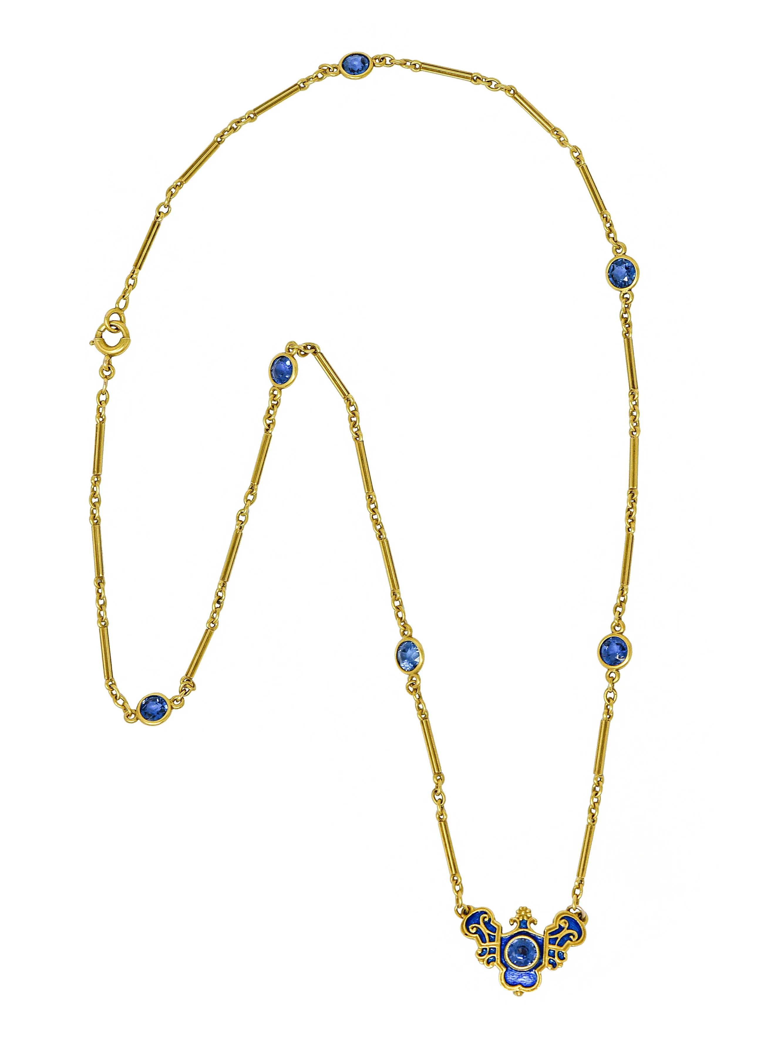 Art Nouveau Sapphire Enamel 14 Karat Gold Station Necklace