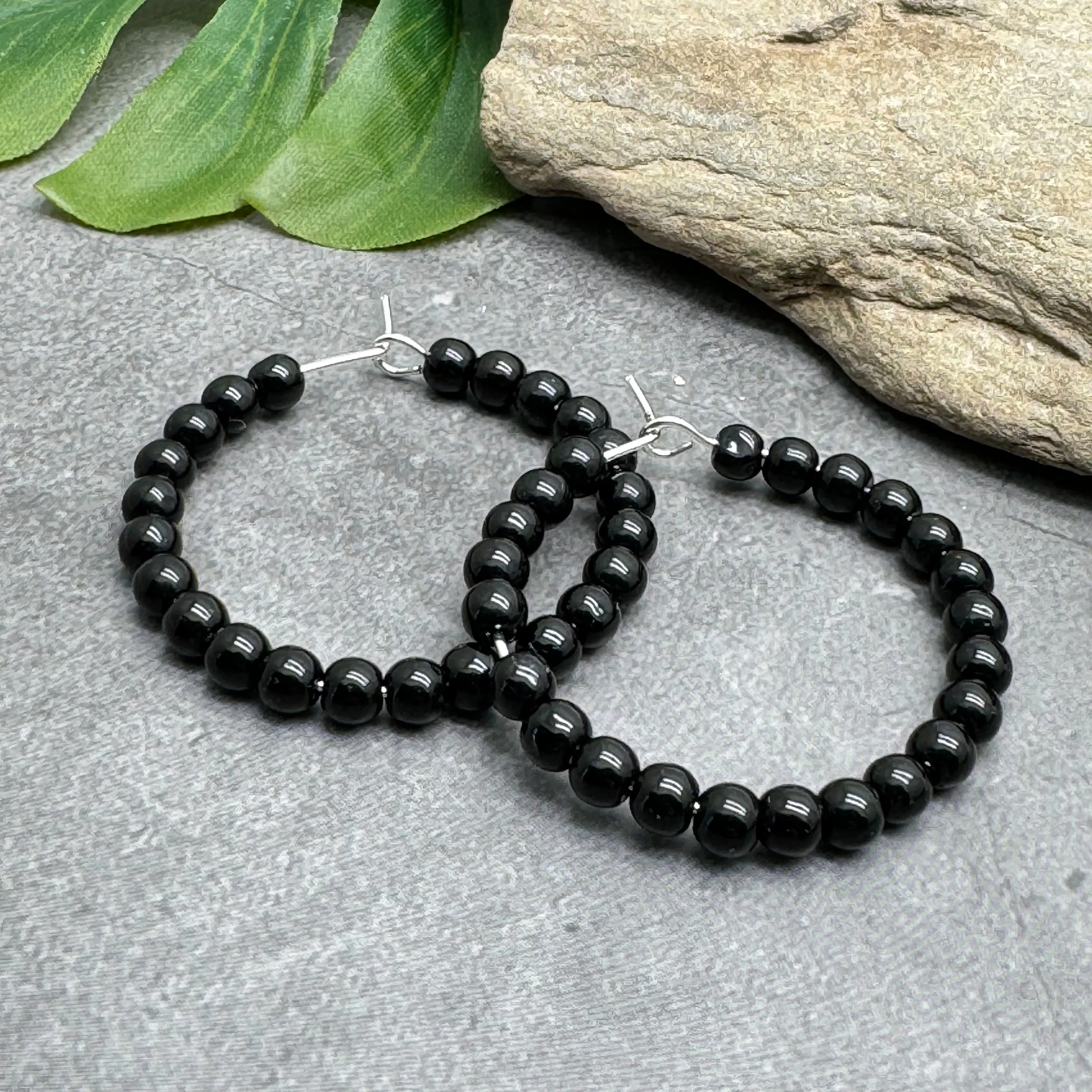 Black Glass Bead Hoops 35mm Minimalist Design