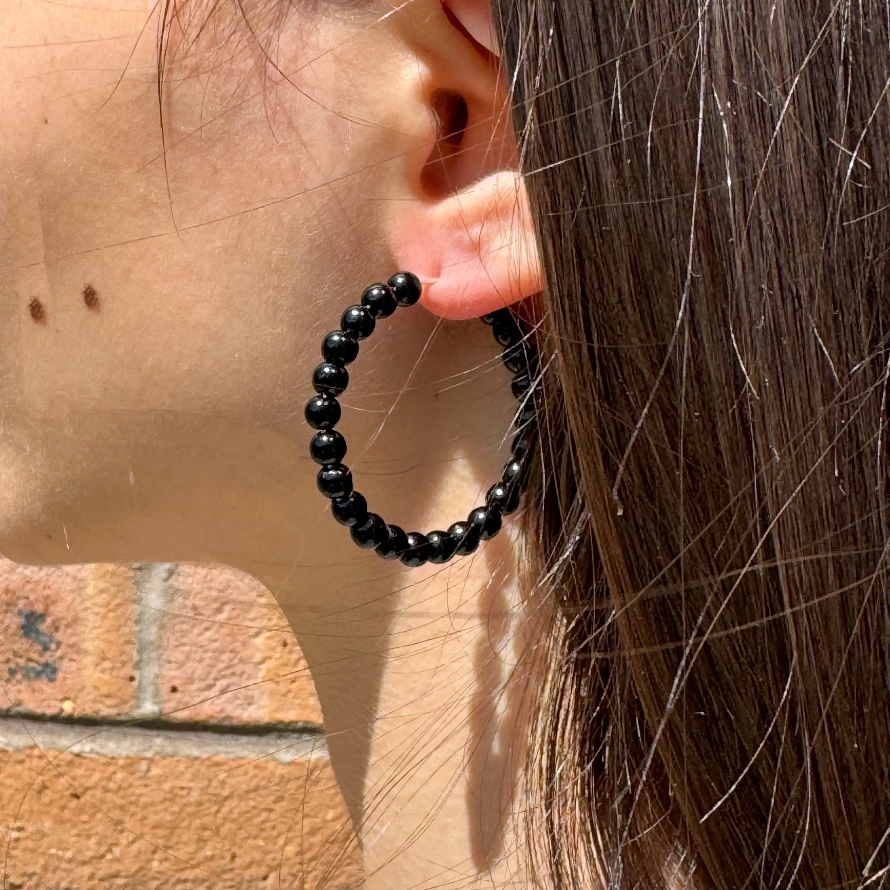 Black Glass Bead Hoops 35mm Minimalist Design