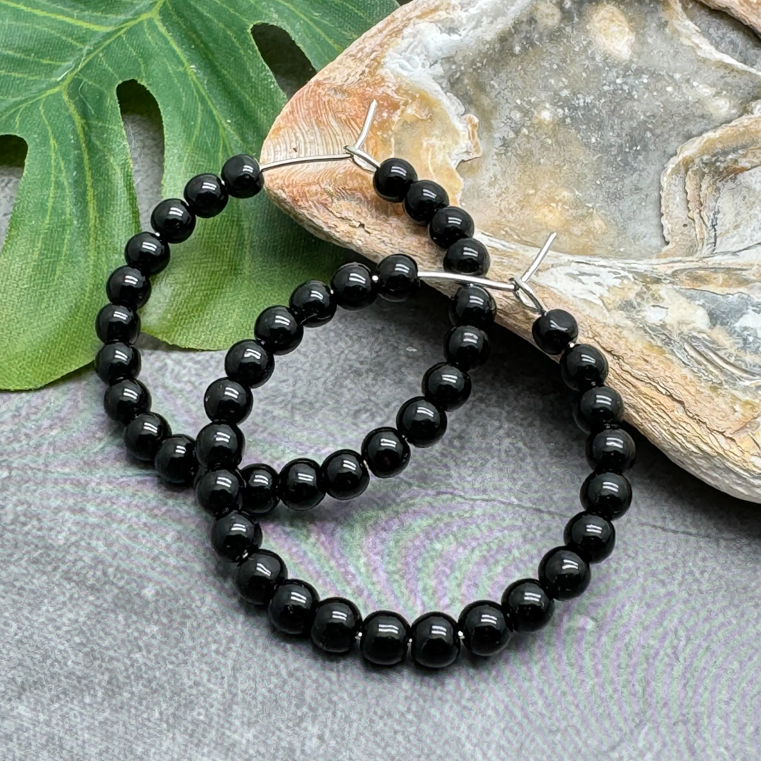 Black Glass Bead Hoops 35mm Minimalist Design