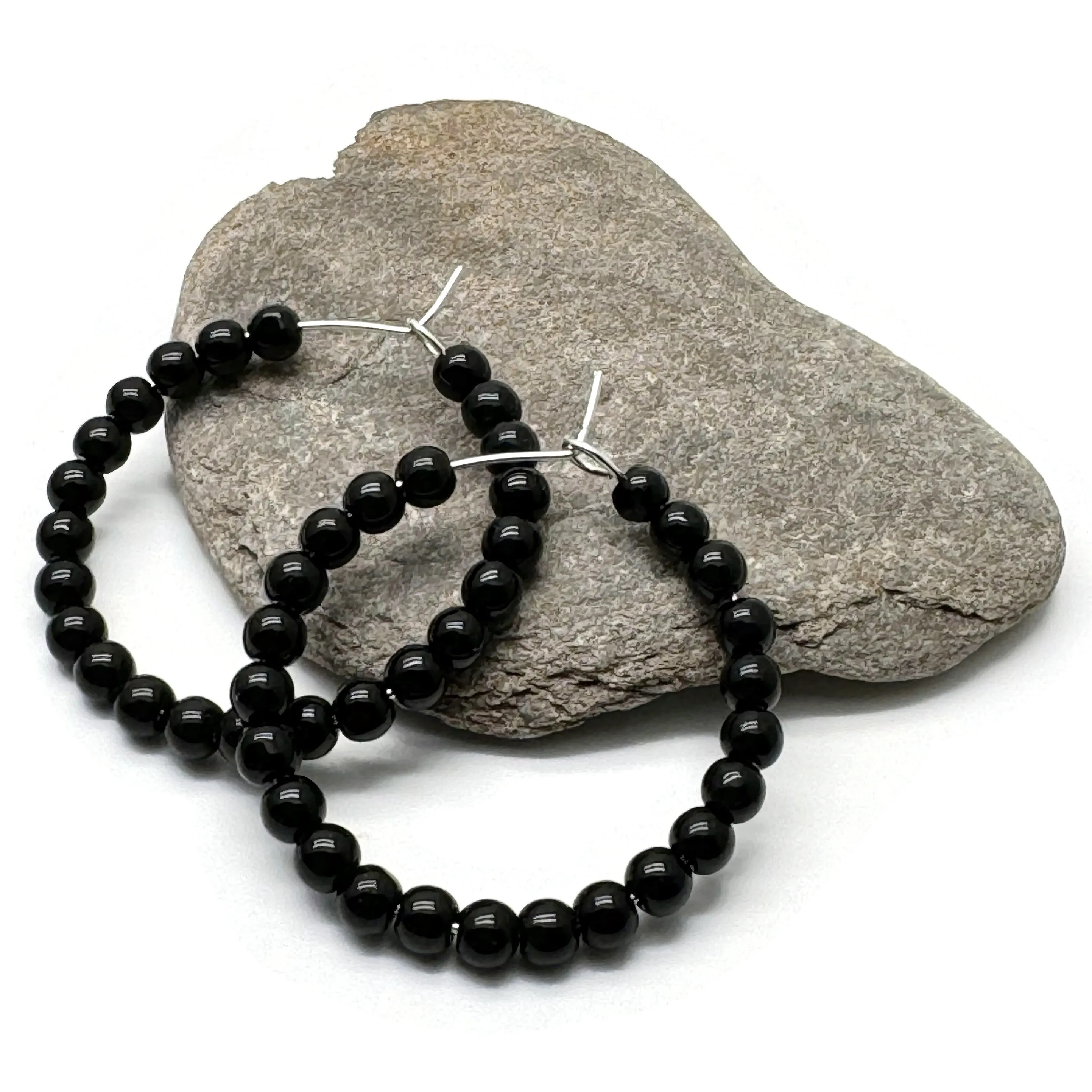 Black Glass Bead Hoops 35mm Minimalist Design