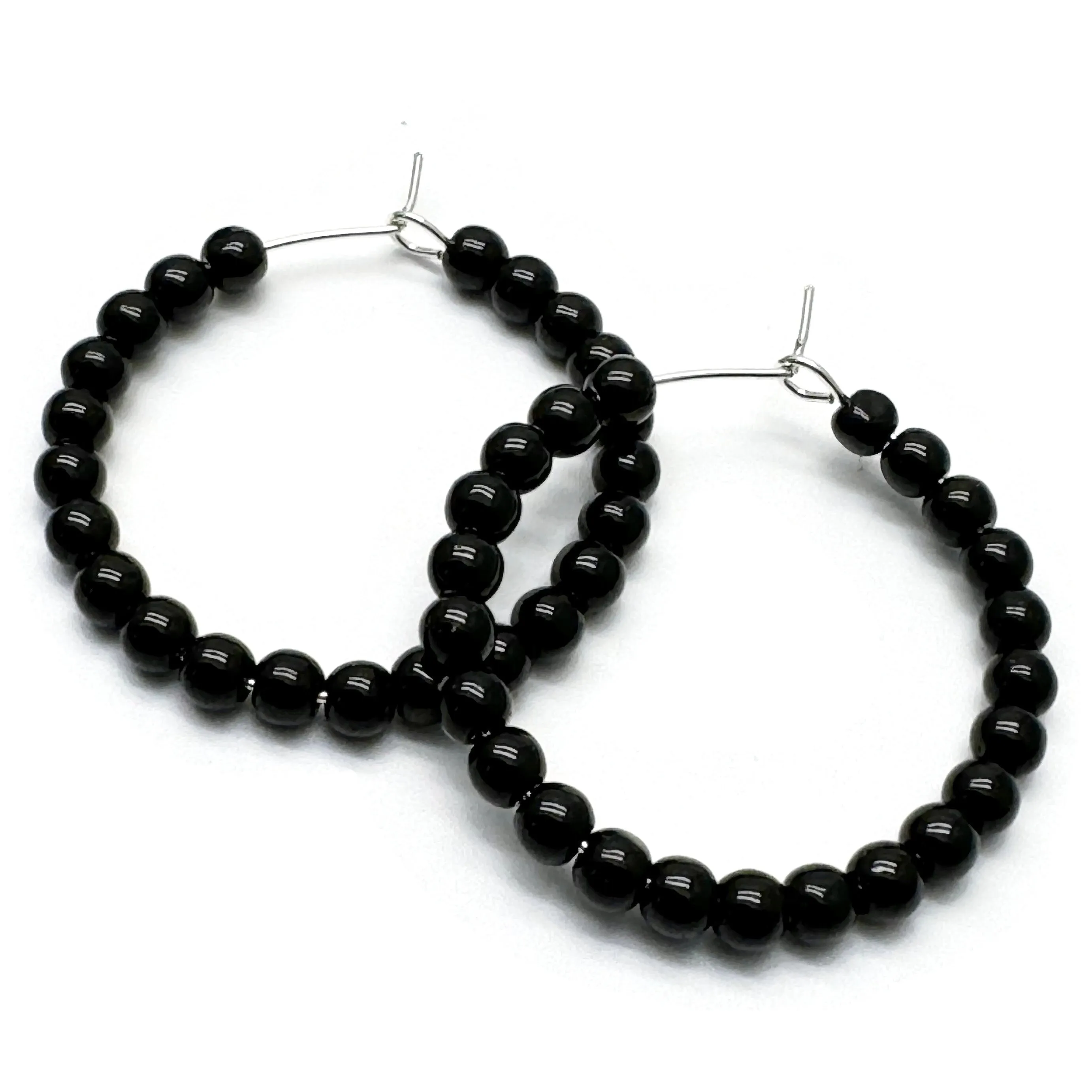 Black Glass Bead Hoops 35mm Minimalist Design