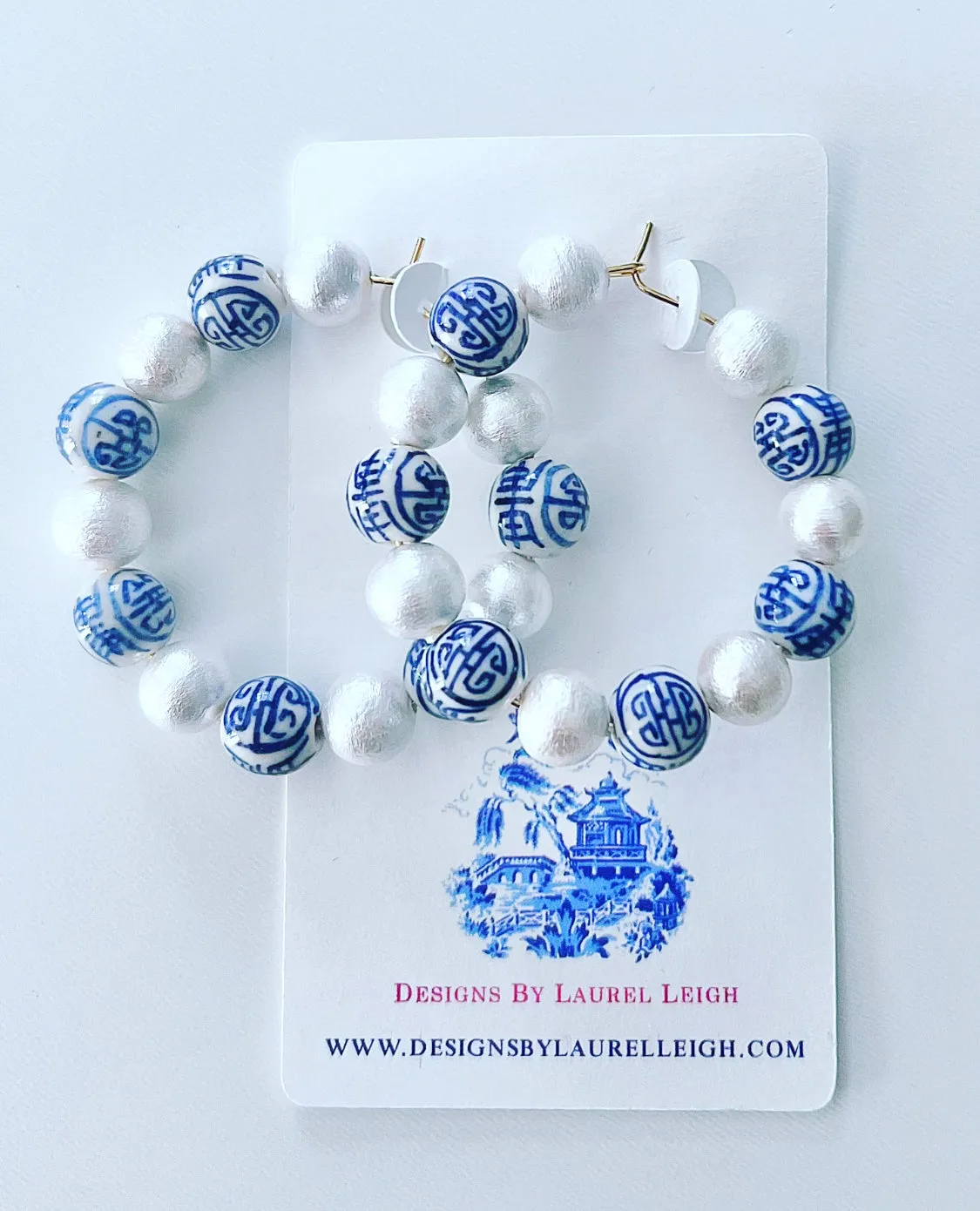 Blue & White Chinoiserie Pearl Hoops