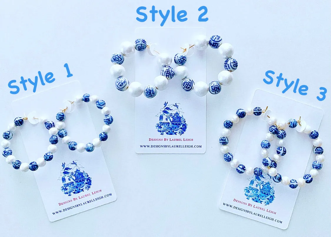 Blue & White Chinoiserie Pearl Hoops