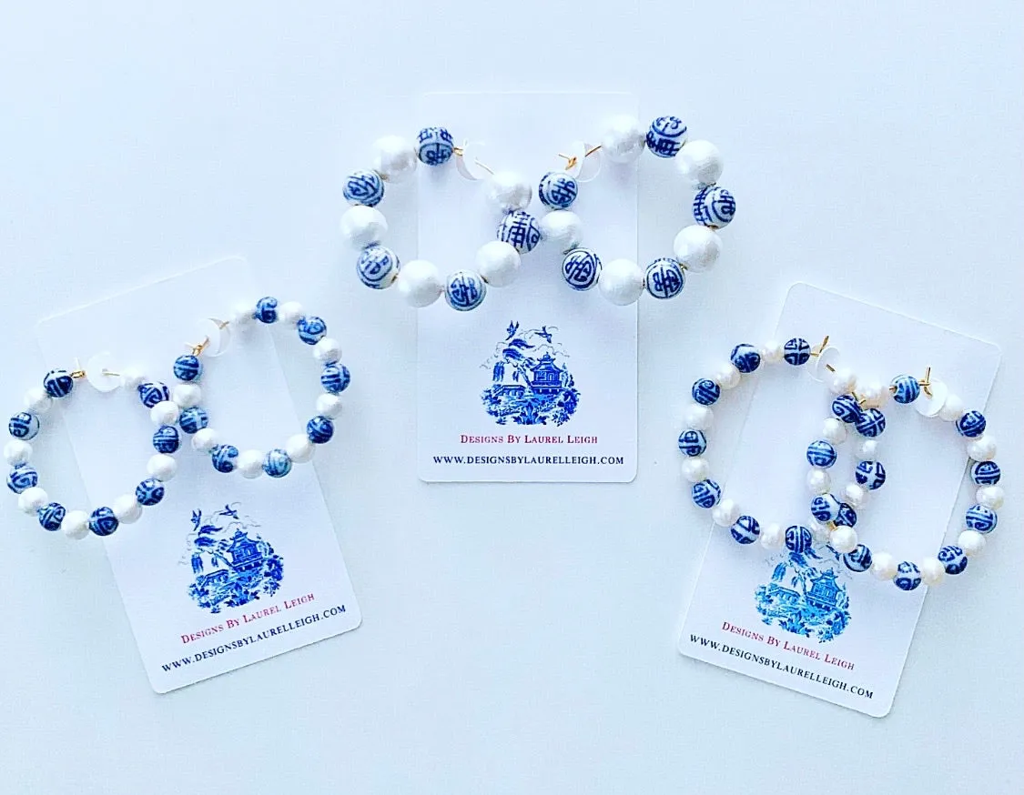 Blue & White Chinoiserie Pearl Hoops