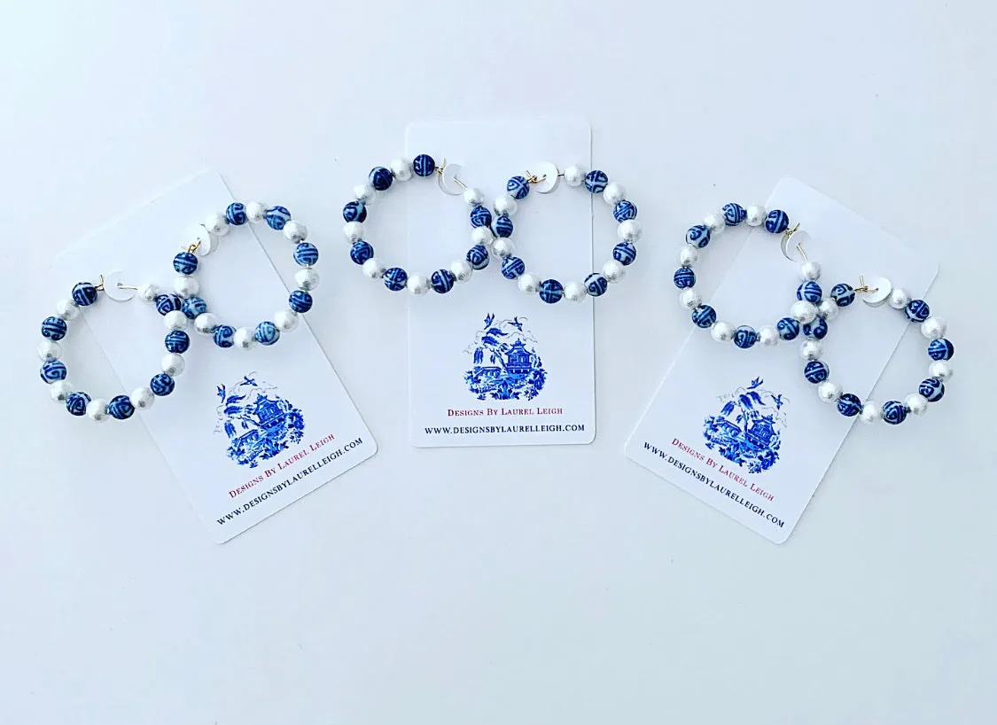 Blue & White Chinoiserie Pearl Hoops