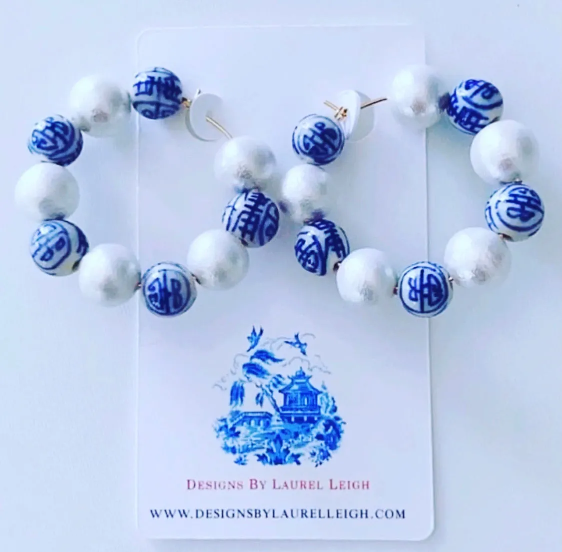 Blue & White Chinoiserie Pearl Hoops