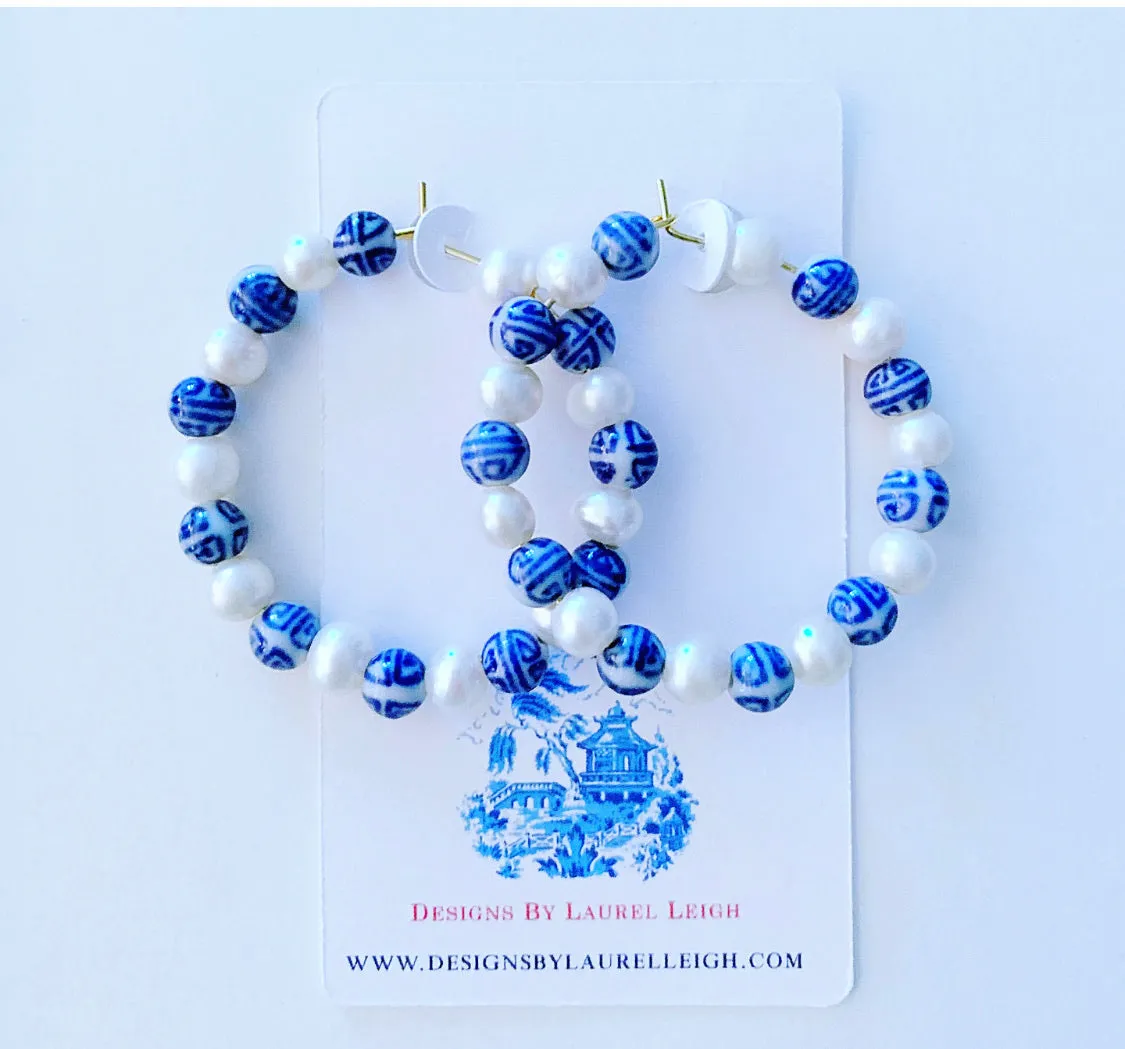 Blue & White Chinoiserie Pearl Hoops