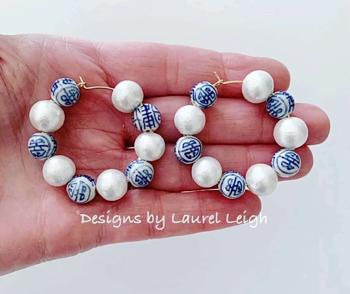 Blue & White Chinoiserie Pearl Hoops