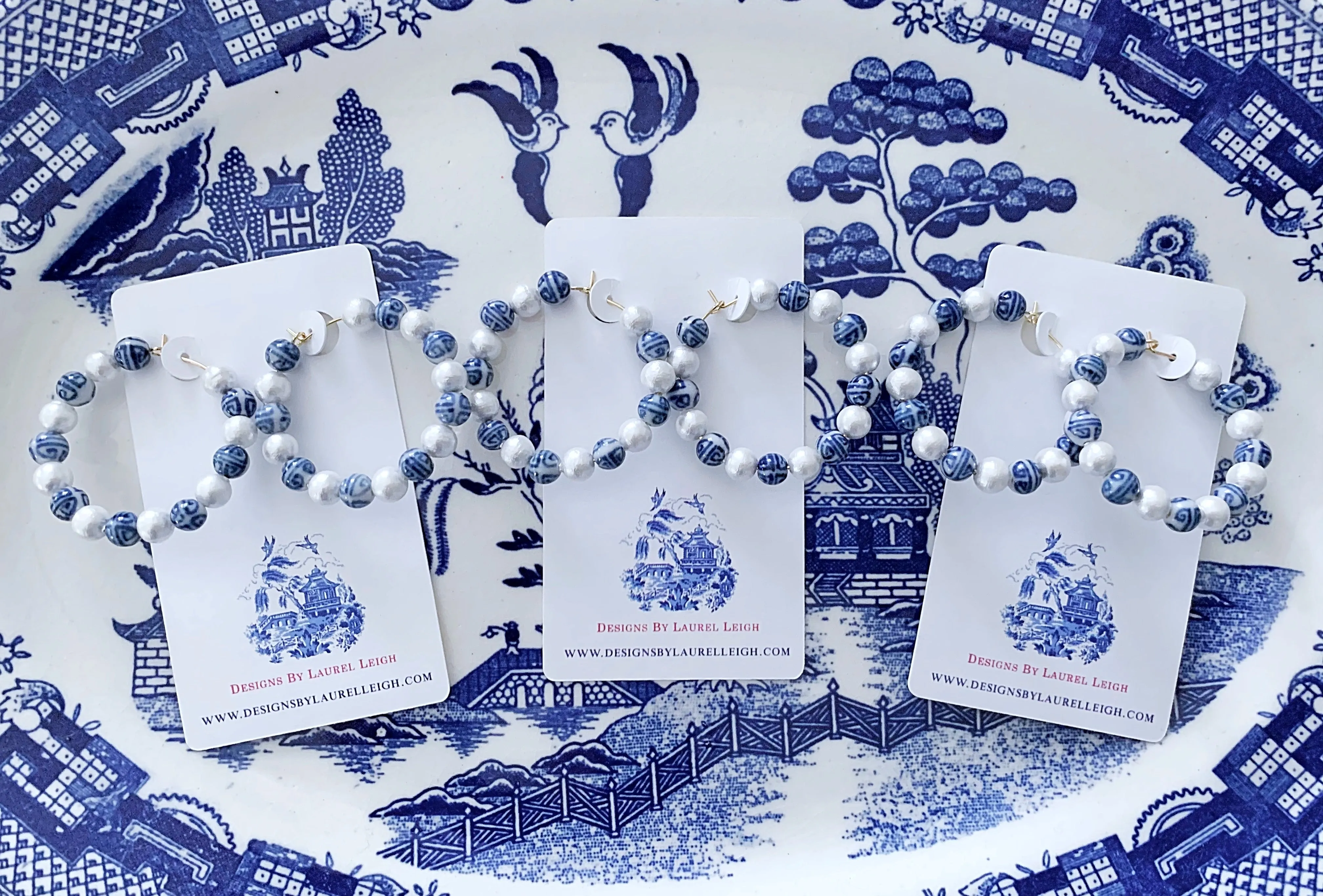 Blue & White Chinoiserie Pearl Hoops