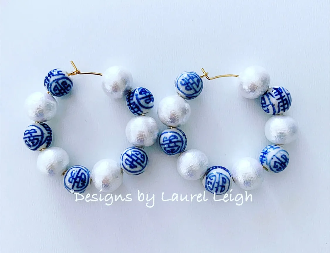 Blue & White Chinoiserie Pearl Hoops