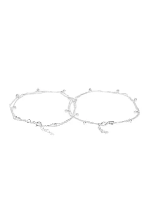 Carlton London 925 Sterling Silver Rhodium Plated Silver Toned Set Of 2  Anklets For Women